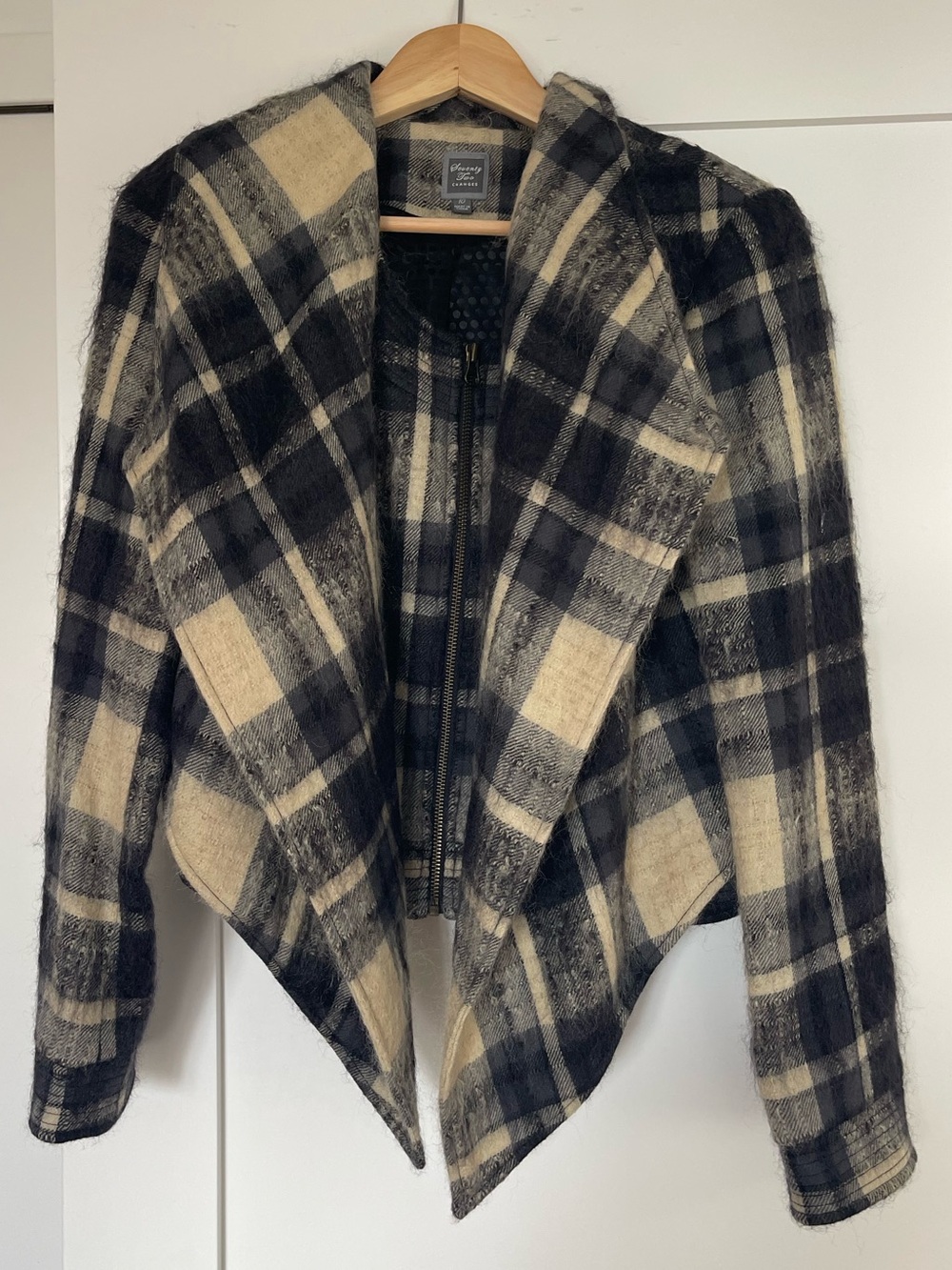 Cream and Black Plaid Draped Zip Moto Coat Size 10